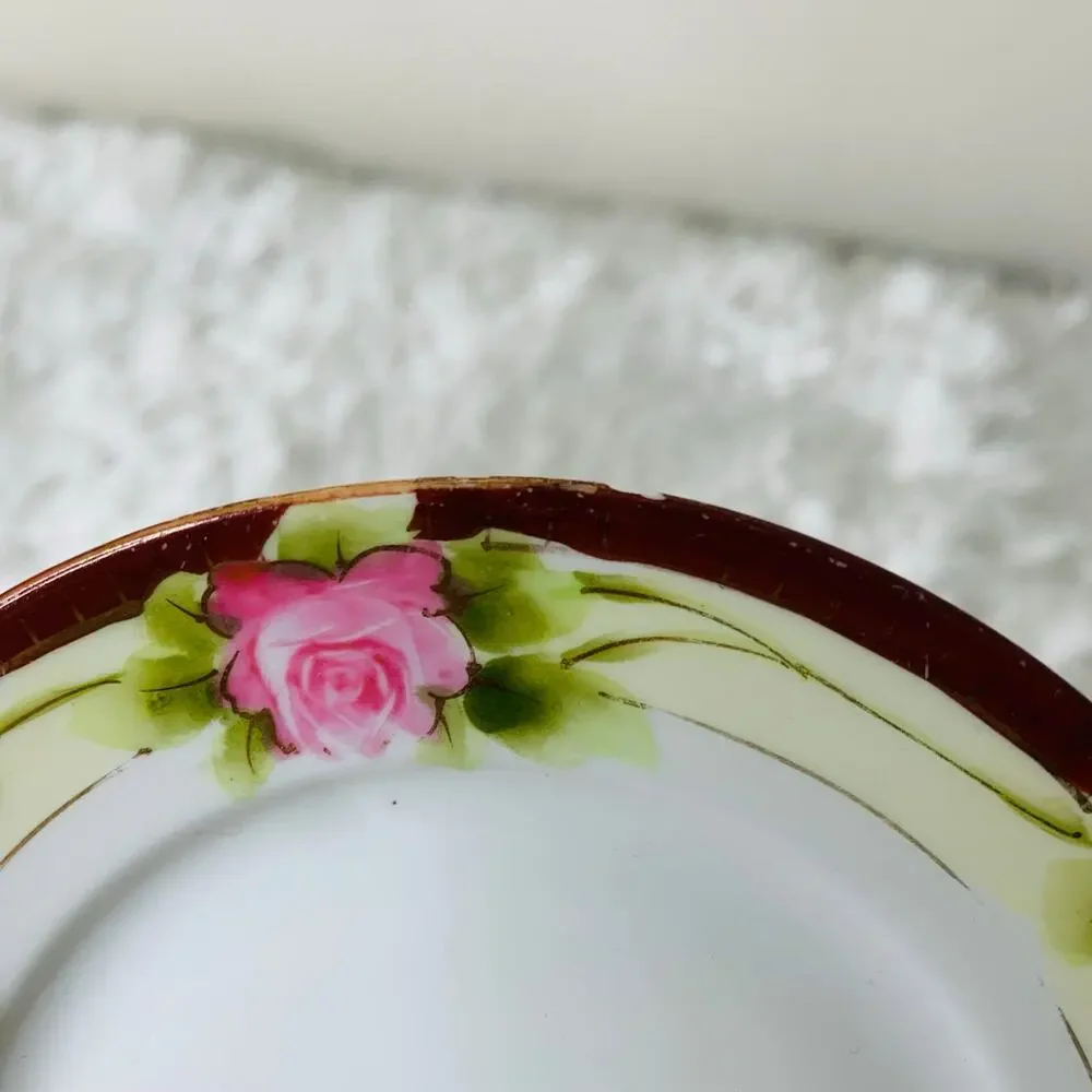Nippon Hand Painted Rose Plate Pink Roses Green Leaves 5 3/8